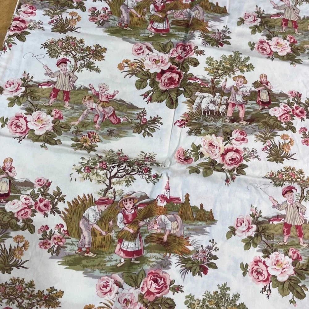 Vtg Handmade Standard Pillowcase Set 2 Toile Floral Pastoral Pink Green Cotton